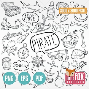 PIRAT, Doodle Vektor Icon. Abenteuer Objekte Doodle Icons Clipart. Scrapbook Set Färbung Hand gezeichnete Sammlung Line Art Scribble Sketch.
