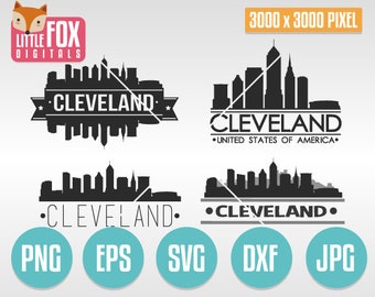May include: A digital download of four different graphic designs featuring the Cleveland skyline. The designs include a black and white silhouette of the skyline with the text "Cleveland" and "United States of America" in a banner below. The designs are available in PNG, EPS, SVG, DXF, and JPG formats.
