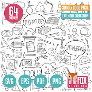 エンジニアリング、SVG 落書きベクター アイコン。テクノロジー ツール メカニック。エンジニア カラーリング クリップアート ライン。科学手描き落書きデザイン。