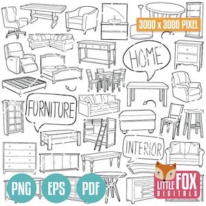 Iconos de muebles. Imágenes prediseñadas de casa, habitación y hogar. Símbolos de decoración de interiores, iconos de garabatos. Diseño de decoración con líneas dibujadas a mano.