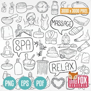 Icônes vectorielles SPA et RELAX doodle. Centre de bien-être soins massage sain icônes Clipart.  Illustrations de physiothérapie à colorier croquis dessinés à la main.