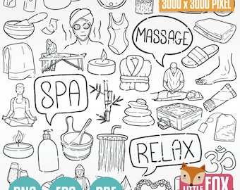 SPA and RELAX doodle vector icons. Wellness Center Care Healthy Massage Icons Clipart.  Physiotherapy Artwork Coloring Hand Drawn Sketch.