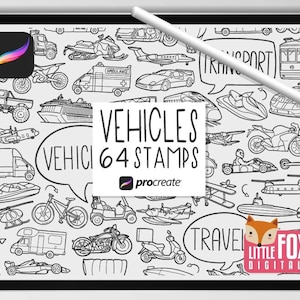 VEICOLI, Procreate Brushes, Transport Icons, Cars Bundle Doodles. Set di adesivi digitali per il trasporto di viaggio, scrapbooking, colorazione.