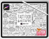 FAST FOOD STAMPS, Procreate Brushes, Food Icons, Restaurant Bundle Doodles. Menu Digital Sticker Planner Scrapbook Set Coloring.
