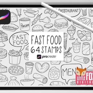 SELLOS DE COMIDA RÁPIDA, Pinceles Procreate, Íconos de comida, Garabatos de paquetes de restaurantes. Menú Digital Sticker Planner Scrapbook Set para colorear.