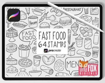 Carimbos de Fast Food, Pincéis para Procreate, Ícones de Comida, Pacote de Desenhos de Restaurante. Conjunto de Adesivos Digitais para Cardápio, Planejador e Scrapbook para Colorir.