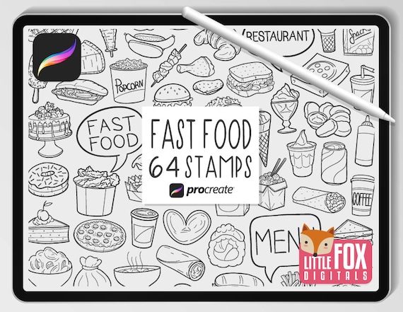 FAST FOOD STAMPS, Procreate Brushes, Food Icons, Restaurant Bundle Doodles. Menu Digital Sticker Planner Scrapbook Set Coloring.