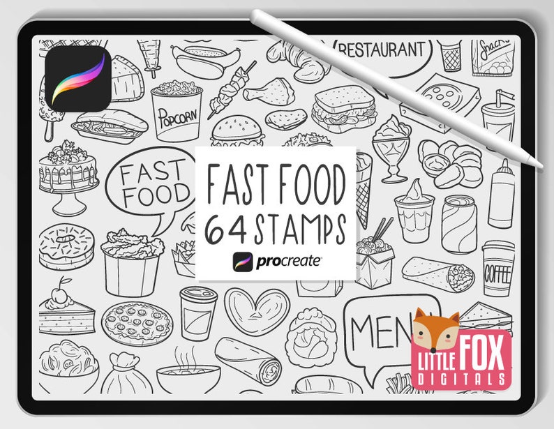 May include: A black and white digital illustration of 64 fast food stamps for Procreate. The stamps include various food items such as burgers, chips, pizza, doughnuts, ice cream, and more. The image also includes text that says "Fast Food 64 Stamps" and "Little Fox Digitals".
