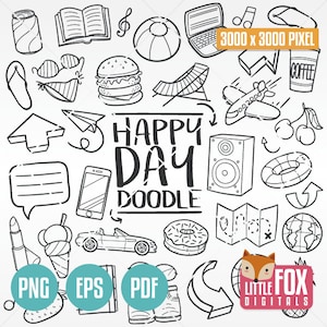 Icono de doodle de "FELIZ DÍA". Fin de semana libre, domingo de verano. Iconos de doodle de fiesta, álbum de recortes. Boceto dibujado a mano, arte lineal, garabato.
