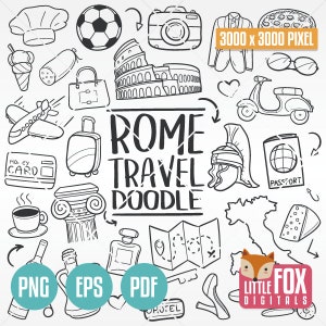 Icônes de voyage ROME, Italie. Amis et famille voyage vacances Doodle italien icônes Clipart scrapbooking. Ensemble de croquis à colorier dessinés à la main.
