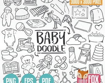 NOUVEAU BÉBÉ, icônes vectorielles de doodle. Album pour enfants nouveau-né, dessin animé pour chambre d'enfant, première douche. Croquis de gribouillis dessiné main à colorier.