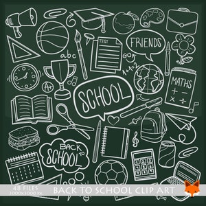 Chalkboard School Kids Objects Doodle Icons Clipart Scrapbook Set Hand Drawn Chalk Style Hand Drawn Line Art Sketch Scribble Stamp