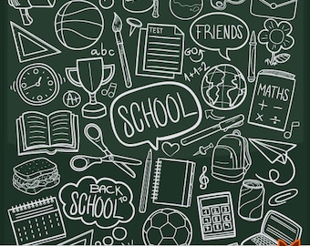Svarta tavlan skola klotter clipart set, handritade ikoner (digital nedladdning)