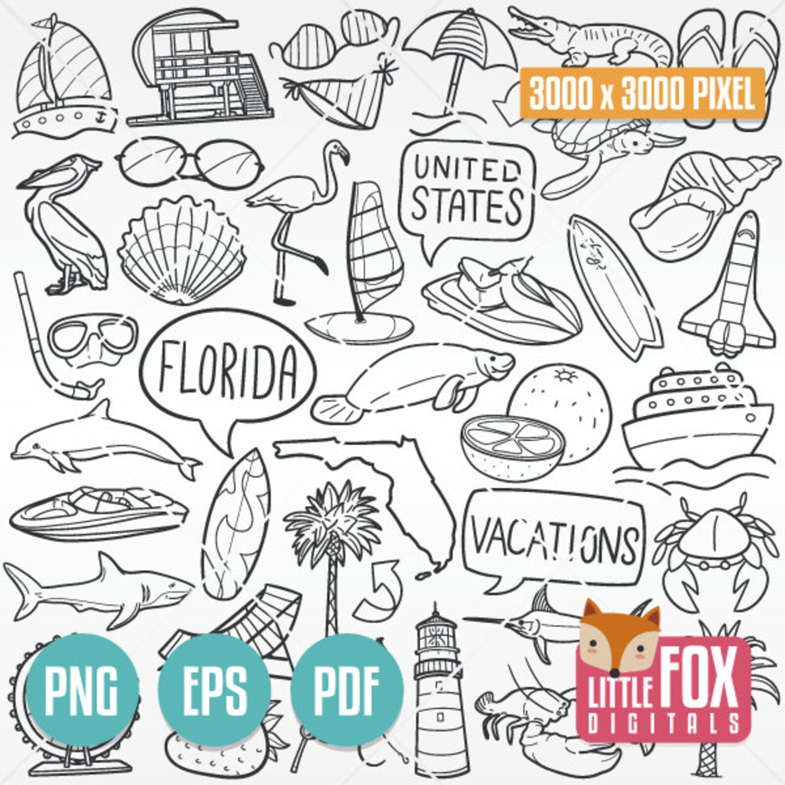 FLORIDA ICONS Clipart. America States Clipart. Miami Symbols Doodle ...