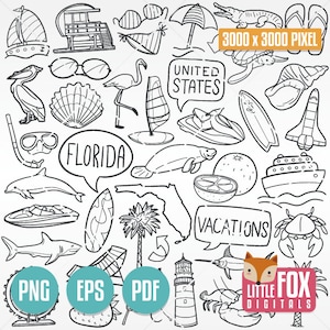 FLORIDA IKONEN Clipart. Amerika Staaten Clipart. Miami Symbole Doodle Symbole. Jacksonville Sammelalbum. Handgezeichnetes Line Design Set Kunstwerk.