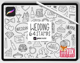 WEDDING STAMPS, Procreate Brushes, Love Icons, Bundle Doodles. Bridal Clipart Digital Sticker Party Planner Scrapbook Line Art Coloring.