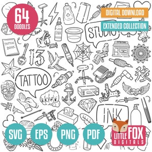 Vecteur d'icône de tatouage SVG doodle. Dessin Art Studio Dessiner Doodle Outils Icônes Clipart. Ensemble Tatouage Flash Peinture Main Croquis Dessins Au Trait