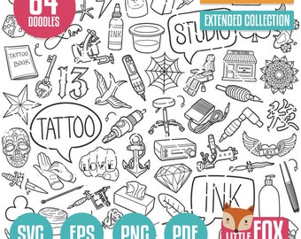 TATUERING SVG doodle ikon vektor. Ritning Konststudio Rita Doodle Verktyg Ikoner Clipart. Tatuering Flash Set Handmålning Skiss Linjeteckning Handritad