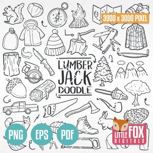 LUMBERJACK Mountain Works, Wood Traditional Hippster Doodle Icons Clipart Scrapbook Set Hand Drawn Line Art Design Set Artwork  Coloring.