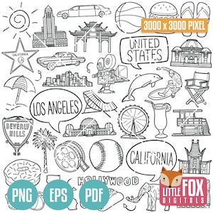 LOS ANGELES, California DOODLE Icons. Travel America Tourism. Culture and Symbols. Icons Clipart Scrapbook. Set Hand Drawn Line Art Design.