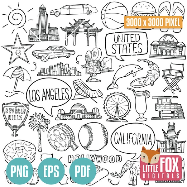 LOS ANGELES, California DOODLE Icons. Travel America Tourism. Culture and Symbols. Icons Clipart Scrapbook. Set Hand Drawn Line Art Design.