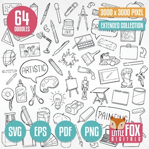 DESENHO ARTÍSTICO, vetor de ícone de doodle SVG. Aulas de arte de desenho Desenhar ferramentas de Doodle ícones clipart. Definir pintura à mão esboço linha arte desenhada à mão.