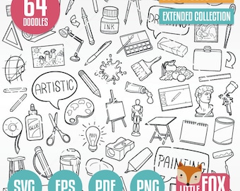 ARTISTIC DRAW, SVG doodle icon vector. Drawing Art Lessons Draw Doodle Tools Icons Clipart. Set Hand Painting Sketch Line Art Hand Drawn.