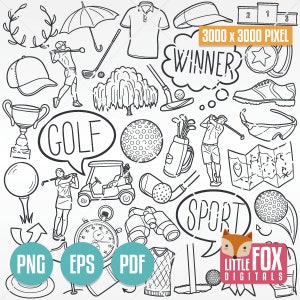 GOLFE, ícones vetoriais de doodle. Bola de golfe e tacos, ferramentas, clipart de ícones esportivos de clube. Arte de ferro de golfe em campo, esboço desenhado à mão para colorir.