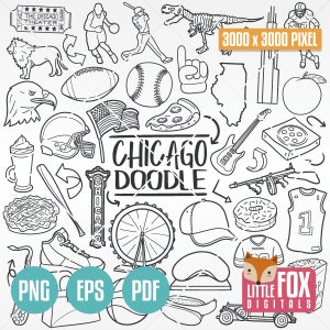 CHICAGO, IILINOIS Travel City. America City Clipart. Traditional Doodle Icons. Scrapbook Set. Hand Drawn Line Art. Design Set Artwork.