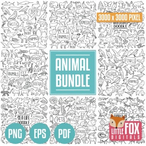 Lot ANIMALIER. Icônes domestiques de griffonnage sauvage. Animaux Clip Art Doodle. Jeu de coloriage de la faune, dessin à la main. Scrapbook dessin au trait noir et blanc de la ferme.