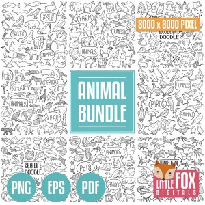 ANIMAL Bundle. Domestic Wild Doodle Icons. Pets Clip Art Doodle. Wildlife Set Coloring Hand Draw. Farm Black and White Line Art Scrapbook.