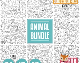 TIER Bündel. Häusliche Wild Doodle Icons. Haustiere Clip Art Doodle. Wildtiere Set Färbung Handzeichnung. Bauernhof Schwarz-Weiß-Linie Kunst Scrapbook.