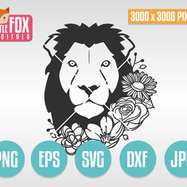 FLOWERS LION Face SVG. Safari Animal King Africa Head Silhouette. Clipart Design Floral Wild Life. Lion with Flowers Clipart Stamp Vector.