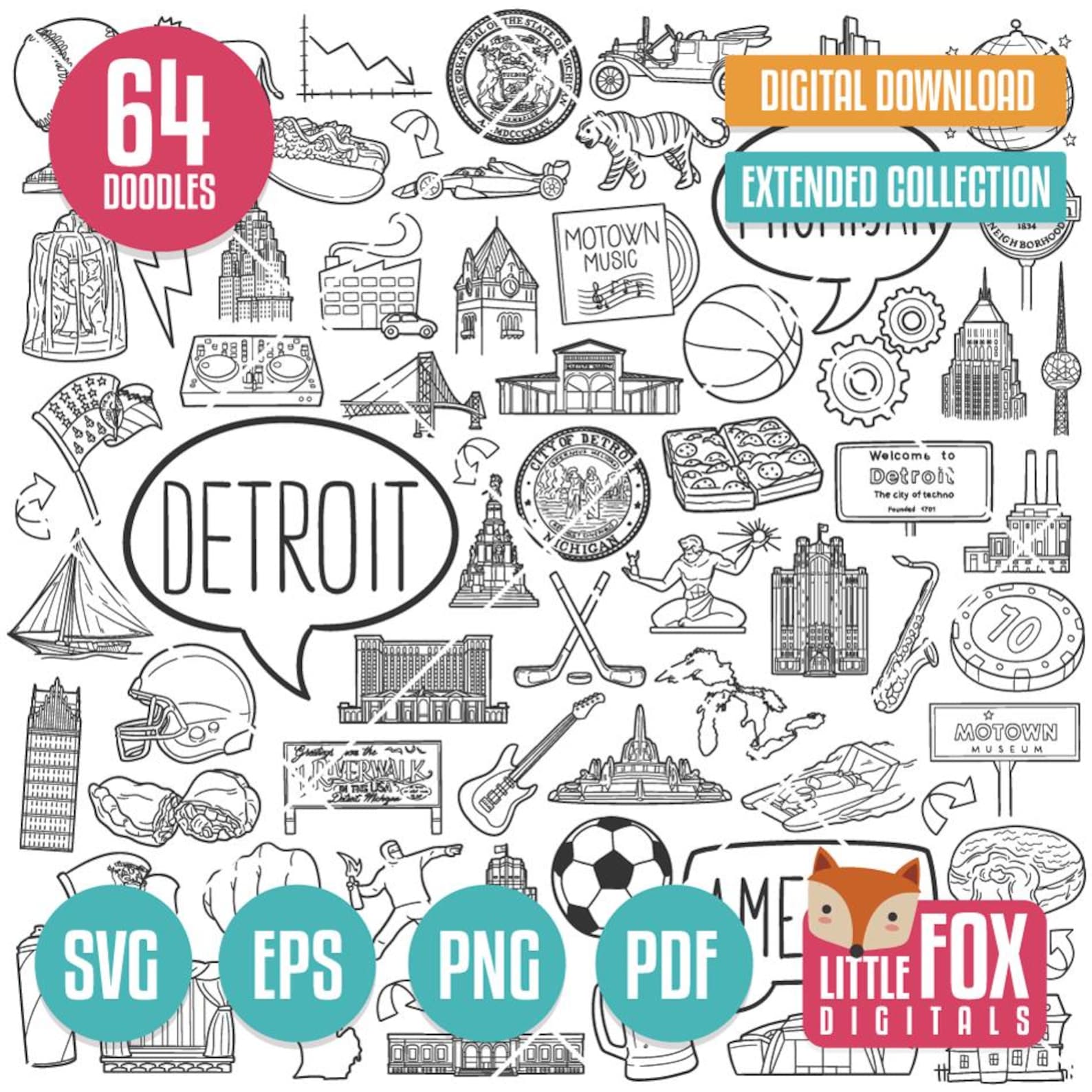 DETROIT, SVG Doodle Icon Vectors. Michigan City Buildings and Landmarks ...