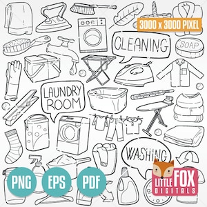 LAUNDRY ROOM, Cleanup Clipart Doodles. Washing Home Chores Icons Clipart Scrapbook. Clean House Hand Drawn Line Art Design Coloring.