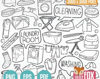 LAVANDERIA, Clipart scarabocchi per le pulizie. Clipart per album di ritagli di icone per le faccende domestiche. Disegno a mano di linee pulite per la casa, disegno da colorare.