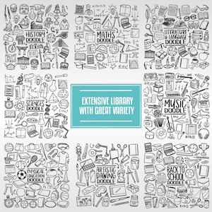 Puede incluir: Una ilustraci&oacute;n de garabatos en blanco y negro de varias materias escolares, que incluyen historia, matem&aacute;ticas, ciencias, m&uacute;sica, educaci&oacute;n f&iacute;sica, literatura y arte. La ilustraci&oacute;n incluye texto como "History Doodle", "Math Doodle", "Science Doodle", "Music Doodle", "Physical Education Doodle", "Literature & Language Doodle" y "Artistic Drawing Doodle".