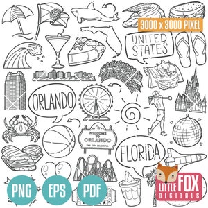 ORLANDO, Florida DOODLE-Symbole. Sommerreise Amerika-Tourismus. Kultur und Symbole . Ikonen Clipart Scrapbook. Set Hand gezeichnet Linie Kunst Design.