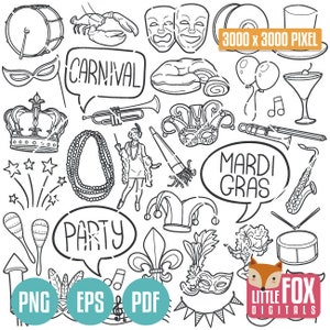 MARDI GRAS, icônes de griffonnage vectoriel de carnaval. Clipart de la Nouvelle-Orléans. Vacances Mardi Gras Dessin à la main Dessin au trait Design. Coloriage d’images clipart de Pâques.