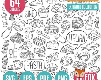COMIDA ITALIANA, iconos vectoriales SVG. Menú de restaurante, iconos vectoriales. Ilustración italiana dibujada a mano, arte lineal, diseño vectorial.