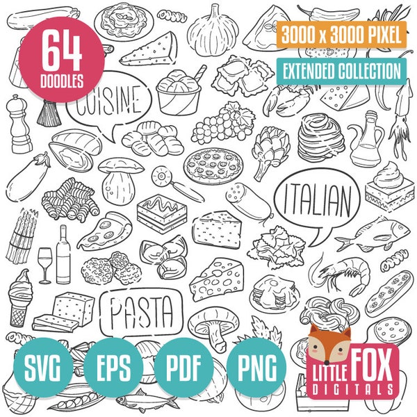 ITALIAN FOOD, SVG doodle vector icons. Restaurant Menu Doodle Icons Clipart. Italy Illustration hand Drawin Line Art Scribble Design Vector.