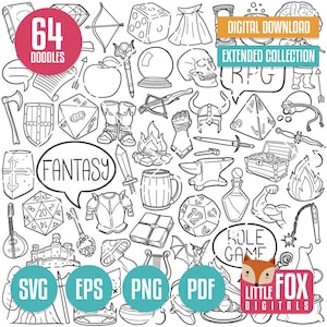 RPG SVG Doodle vecteurs d'icônes. Clipart d'icônes de griffonnage de jeu fantastique. DnD Jeux Dungeon Master Ligne dessinée à la main Design Clip Croquis à colorier.