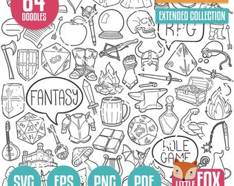 RPG SVG Doodle icon vectors. Fantasy Game Doodle Icons Clipart. DnD Game Dungeon Master Hand Drawn Line Design Clip Coloring Sketch.