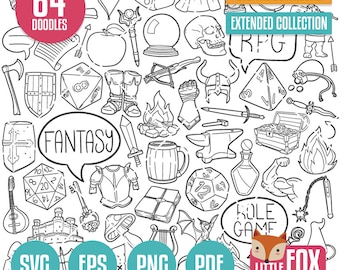 RPG SVG Doodle icon vectors. Fantasy Game Doodle Icons Clipart. DnD Game Dungeon Master Hand Drawn Line Design Clip Coloring Sketch.