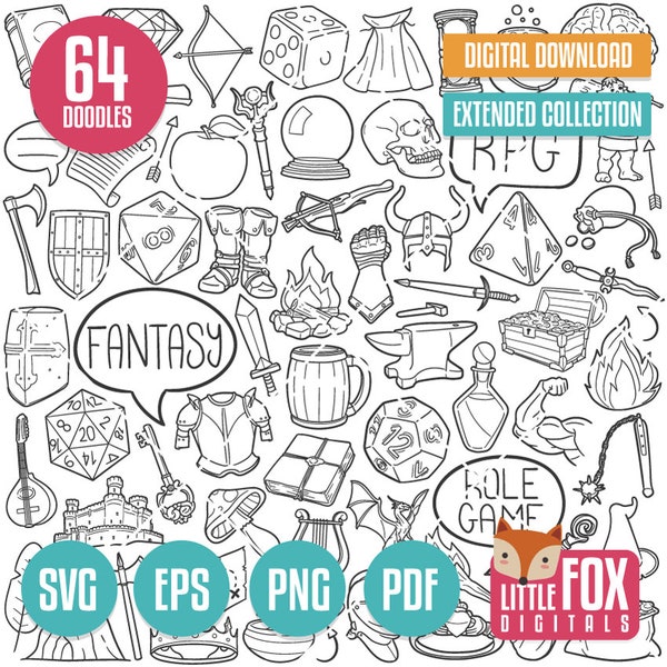 RPG SVG Doodle icon vectors. Fantasy Game Doodle Icons Clipart. DnD Game Dungeon Master Hand Drawn Line Design Clip Coloring Sketch.