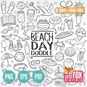 BEACH DAY, doodle vector icons. Summer Vacations Travel Doodle Icons Clipart. Set Coloring Hand Drawn Collection Sea Sports Scrapbook Line.