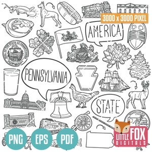 Symboles de l'État de Pennsylvanie. Clipart d'état américain. PA Philadelphie Icônes Traditionnelles Doodle. Ensemble de scrapbooking. Ligne dessinée à la main des États-Unis. Ouvrages d'art.