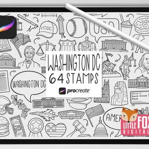 May include: A digital art set on a tablet featuring black and white illustrations of Washington D.C. landmarks and icons, including the Capitol Building, monuments, and food items. The text "WASHINGTON DC 64 STAMPS" is displayed, along with the "procreate" logo.