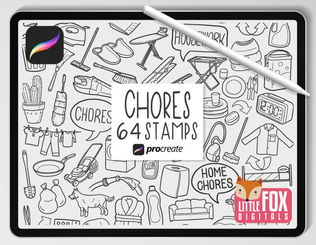 CHORES STAMPS, Procreate Brushes, Home Chore Icons, Bundle Doodles