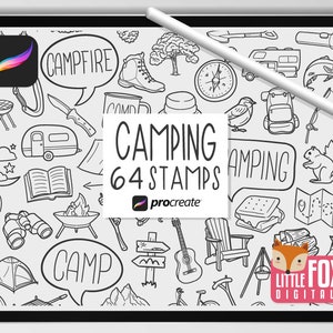 SELOS DE CAMPING, pincéis Procreate, ícones de acampamento grátis, rabiscos de pacote de verão. Nature Clipart Digital Sticker Planner Scrapbook Set Coloração.